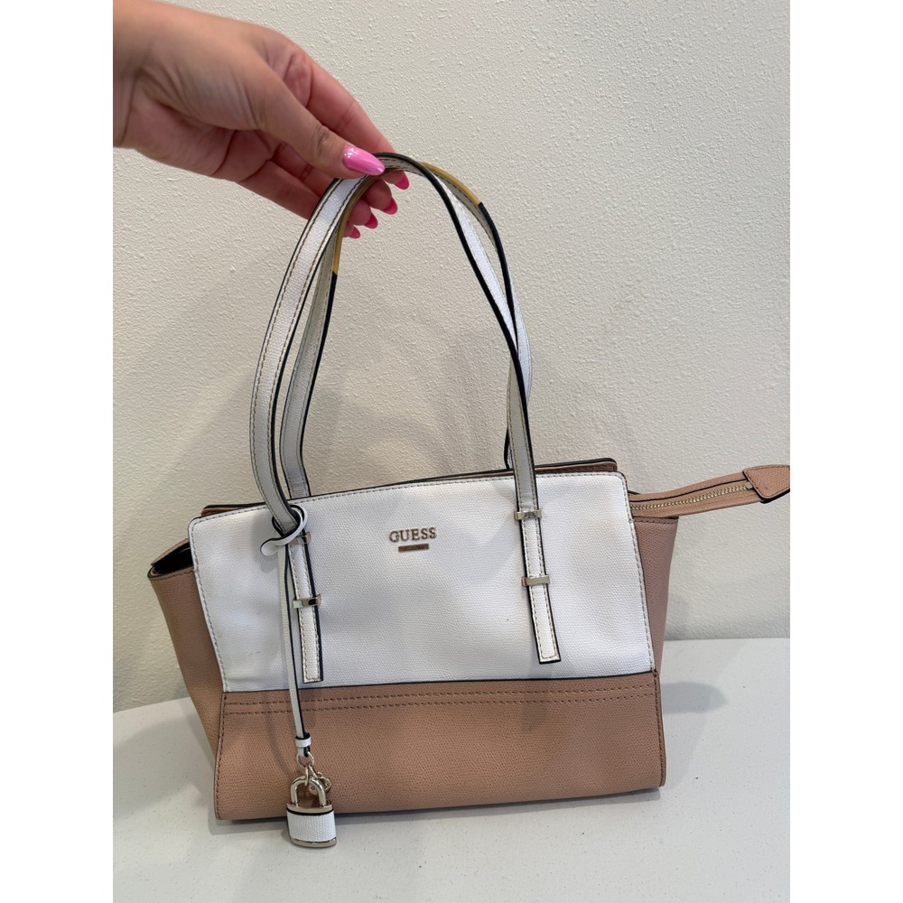Guess Colorblock Tote Bag White Pink Faux Leather Satchel Handbag with Padlock